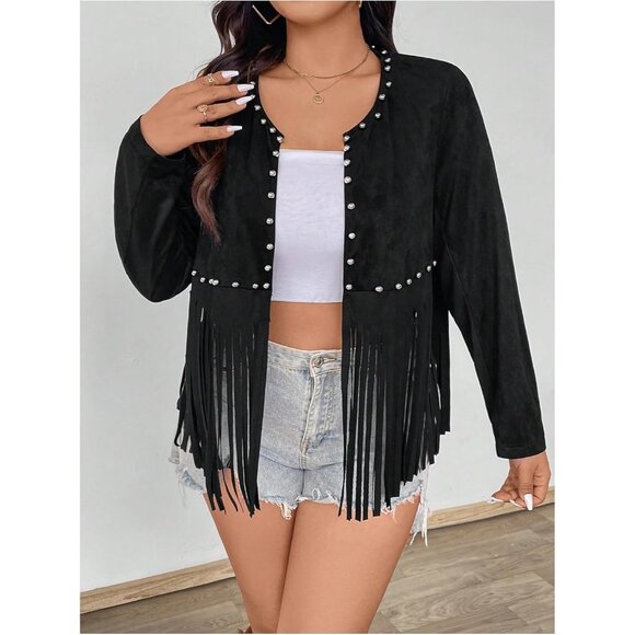 Women’s Black Plus Size Floerns Beaded Tassel Open Front Festival Jacket - Picture 3 of 6